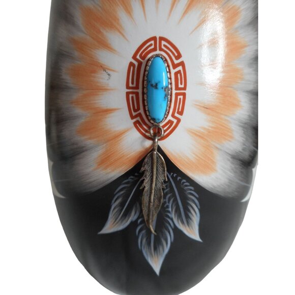 Native American Jemez NM Handpainted Pottery decor Turquoise Feather Gachupin - Picture 4 of 10